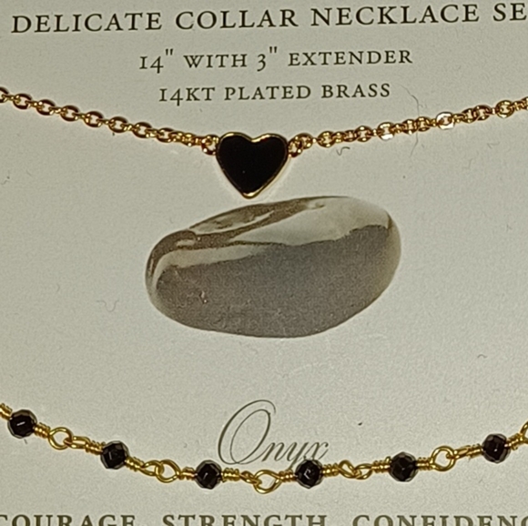 2 pc Luna Norte Moon double Layer Necklaces BLACK ONYX HEART Link Chain Gold NWT - Picture 2 of 5
